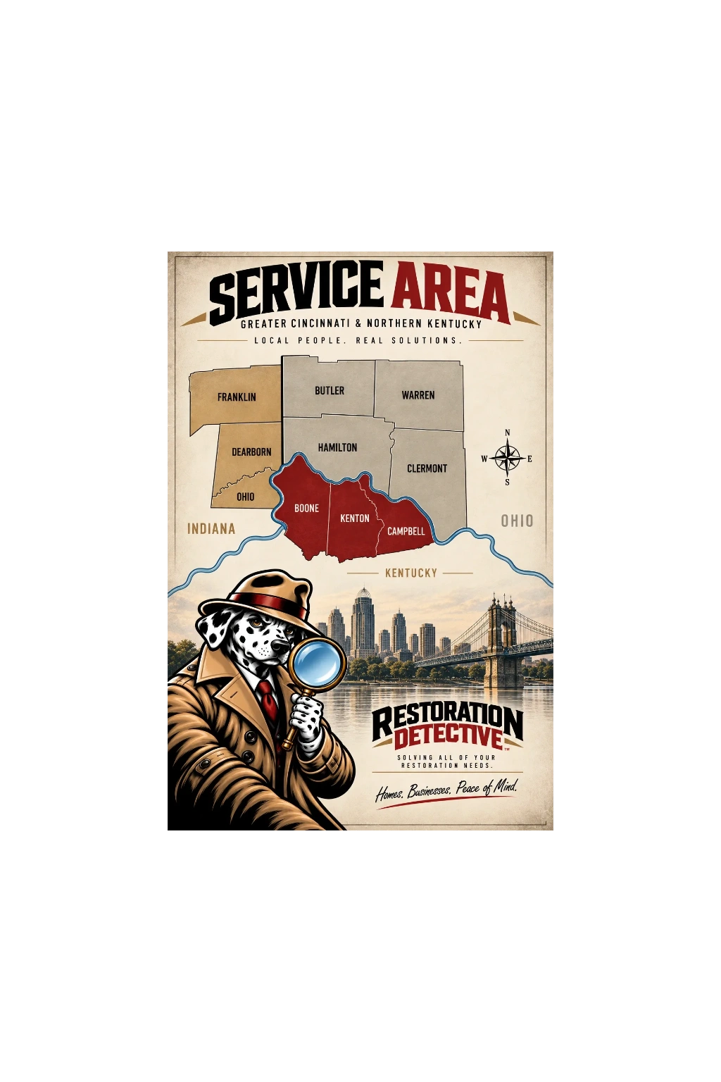 Restoration Detective service area map for Greater Cincinnati and Northern Kentucky