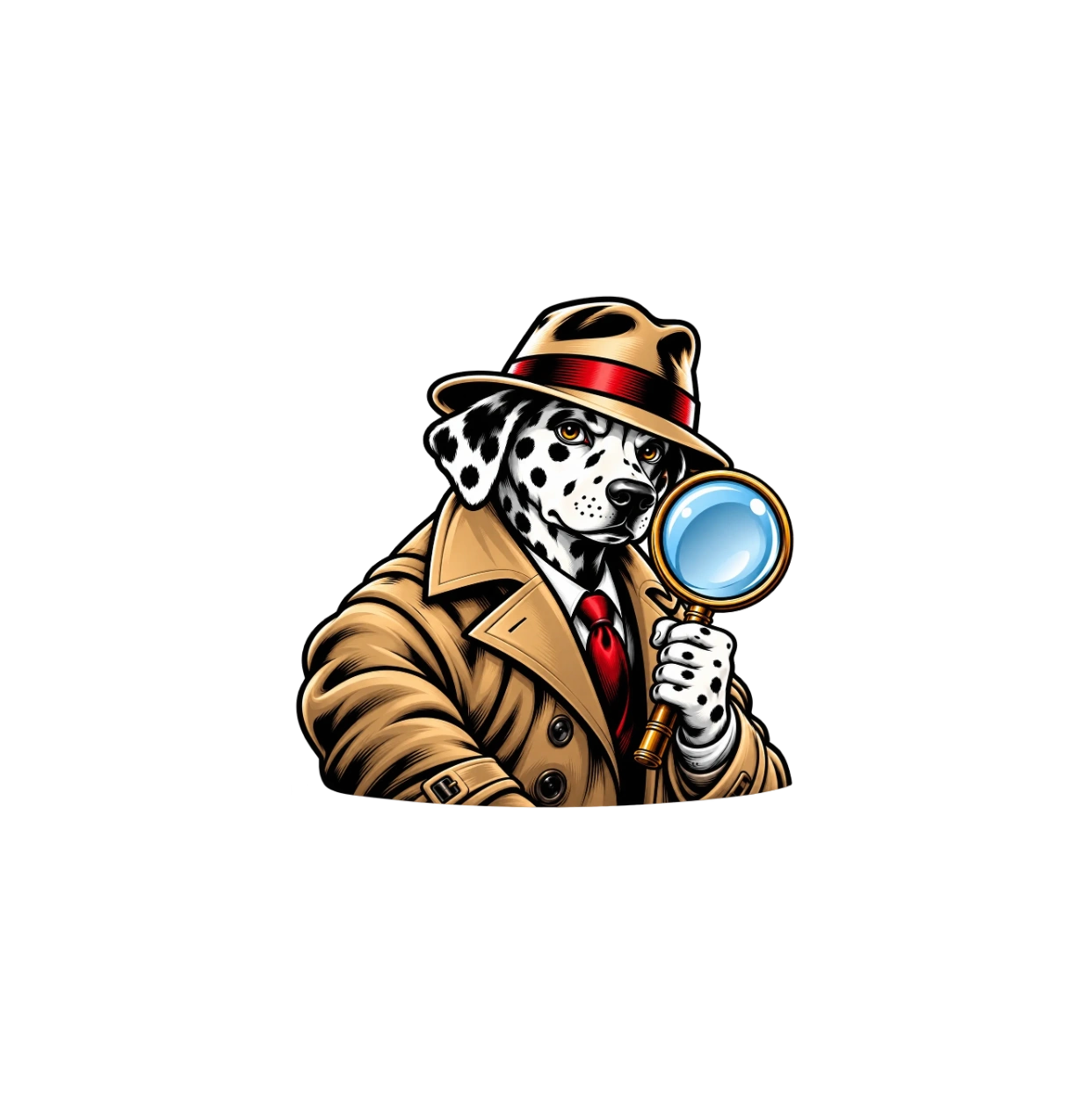 Dalmatian detective mascot holding a magnifying glass